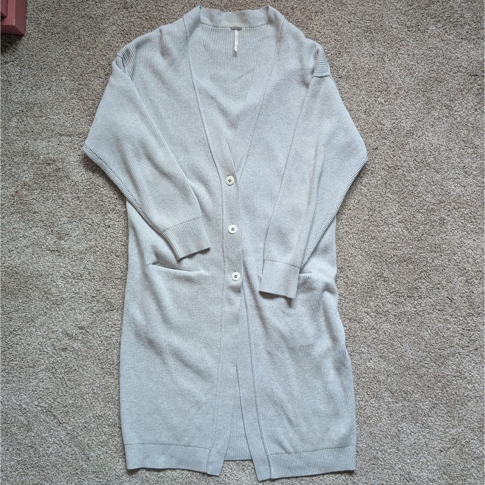 Free People Womens L Long Ribbed Cardigan Grey Neutral Chunky Sweater Boho